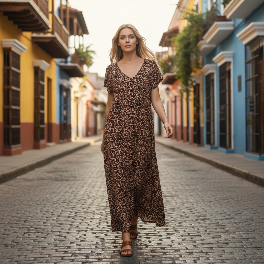 NEW No Boundaries Women Leopard Print V-Neck Maxi Dress Brown Black L 12-14 Y2K‎